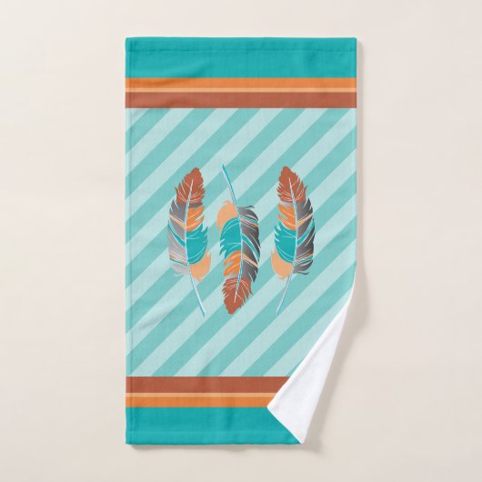 羽はティール（緑がかった色）ストライプと砂漠の色。 バスタオルセット (ハンドタオル)