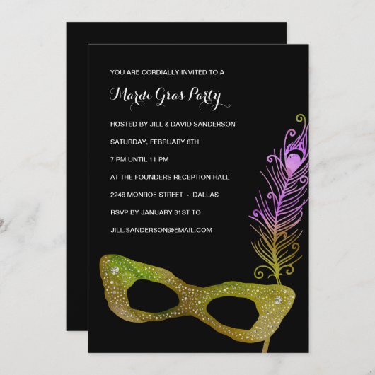 羽をつけられたマスク|の仮面舞踏会の謝肉祭のパーティー 招待状 (正面/裏面)