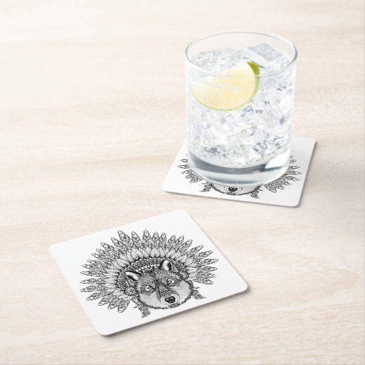 羽をつけられた戦争のボンネットの刺激を受けたなオオカミ スクエアペーパーコースター (インサイチュ)