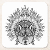 羽をつけられた戦争のボンネットの刺激を受けたなオオカミ スクエアペーパーコースター (正面)