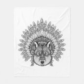 羽をつけられた戦争のボンネットの刺激を受けたなオオカミ フリースブランケット (正面)