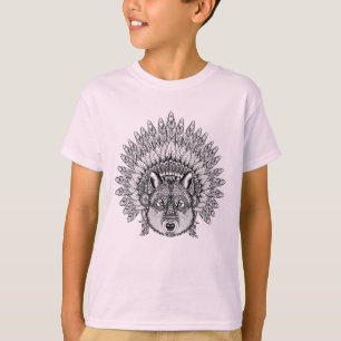 羽をつけられた戦争のボンネットの刺激を受けたなオオカミ Tシャツ