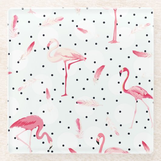 羽を持つフラミンゴの鳥 ガラスコースター (正面)