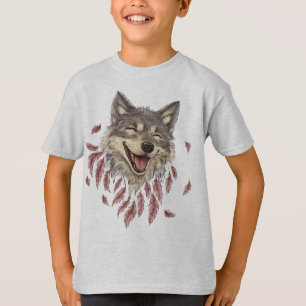 羽を浮かべて微笑むオオカミ Tシャツ
