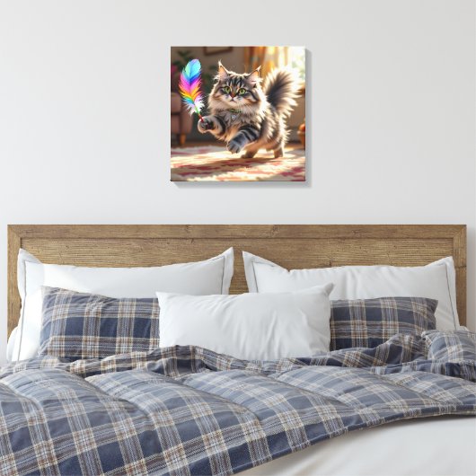 羽を追いかけるかわいい毛ふわふわした猫 キャンバスプリント (インサイチュ (寝室))