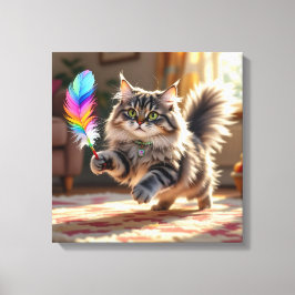 羽を追いかけるかわいい毛ふわふわした猫 キャンバスプリント