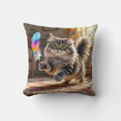 羽を追いかけるかわいい毛ふわふわした猫 クッション (正面)