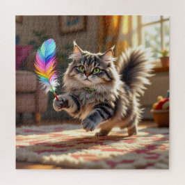 羽を追いかけるかわいい毛ふわふわした猫 ジグソーパズル