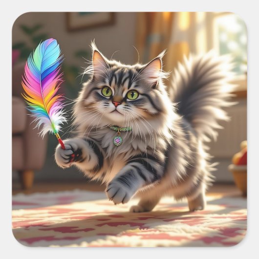 羽を追いかけるかわいい毛ふわふわした猫 スクエアシール (正面)