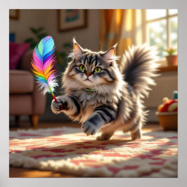 羽を追いかけるかわいい毛ふわふわした猫 ポスター