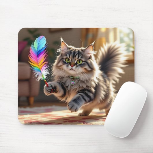 羽を追いかけるかわいい毛ふわふわした猫 マウスパッド (マウス)