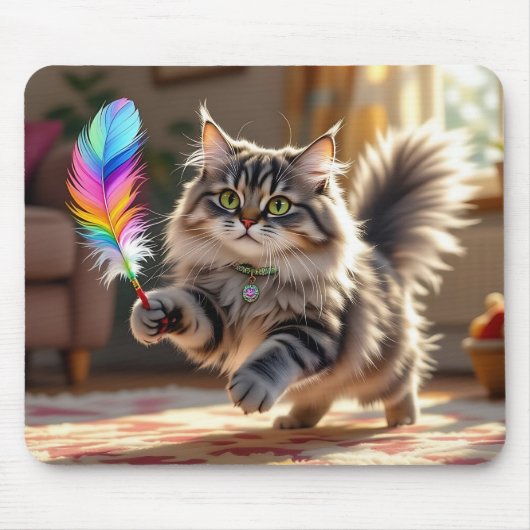 羽を追いかけるかわいい毛ふわふわした猫 マウスパッド (正面)