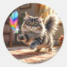 羽を追いかけるかわいい毛ふわふわした猫 ラウンドシール
