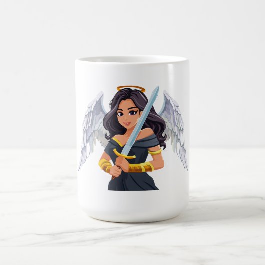 羽を開いた天使と剣を持つかわいい女性 コーヒーマグカップ (中央)