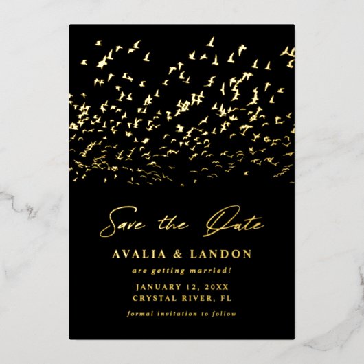 羽エレガントの鳥の日付を保存 箔招待状 (正面)