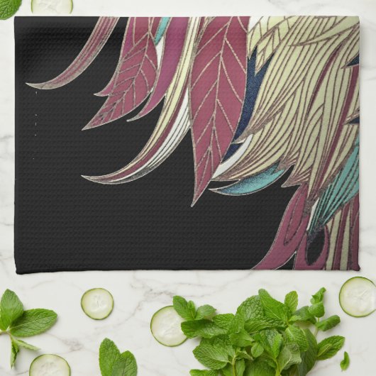 羽エレガント葉抽象芸術黒ティール(緑がかった色)金ゴールド赤 キッチンタオル (折り畳み)