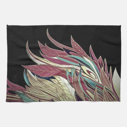 羽エレガント葉抽象芸術黒ティール（緑がかった色）金ゴールド赤 キッチンタオル (横)