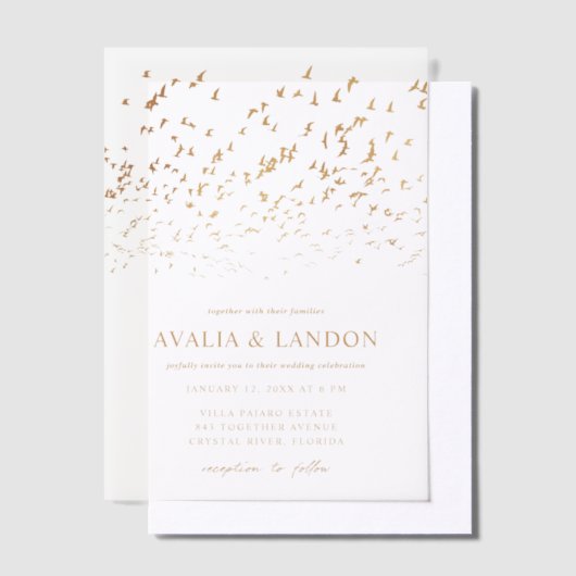 羽エレガント黒と金ゴールドの鳥結婚 ベラム紙招待状 (オフセット)