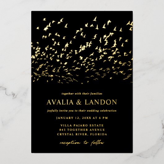 羽エレガント黒と金ゴールドの鳥結婚 箔招待状 (正面)