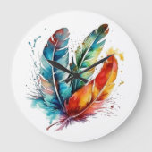 羽カラフル先住民アメリカの水色 ラージ壁時計 (正面)