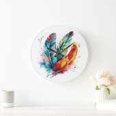 羽カラフル先住民アメリカの水色 ラージ壁時計 (ホーム)