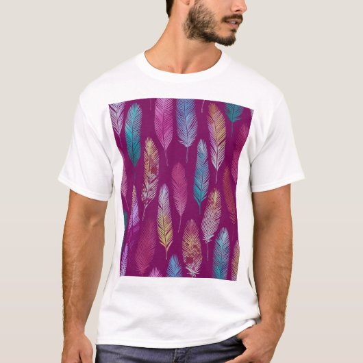 羽カラフル:紫の背景パターン。 Tシャツ (正面)