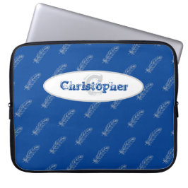 羽ブルーホワイトモノグラム名モダン前テンプレート ラップトップスリーブ