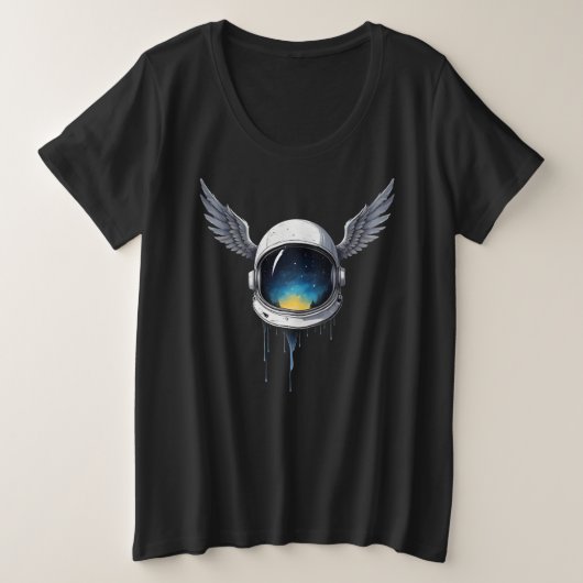 羽根つき宇宙飛行士のヘルメット - 宇宙アート プラスサイズTシャツ (デザイン正面)