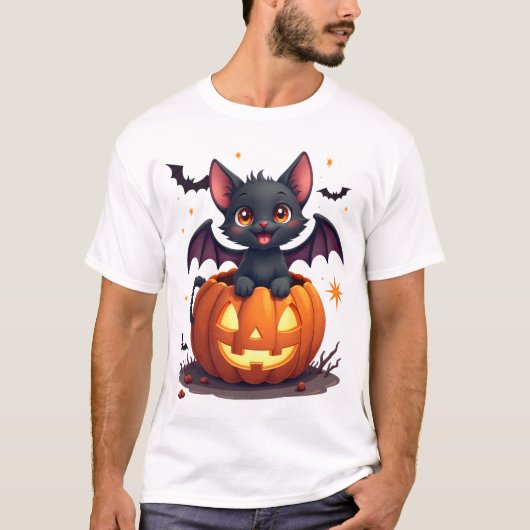 羽根の生えたかわいい黒猫とジャック・オ・ランタン Tシャツ (正面)
