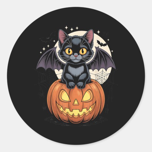 羽根の生えたかわいい黒猫のジャックオランタン ラウンドシール (正面)
