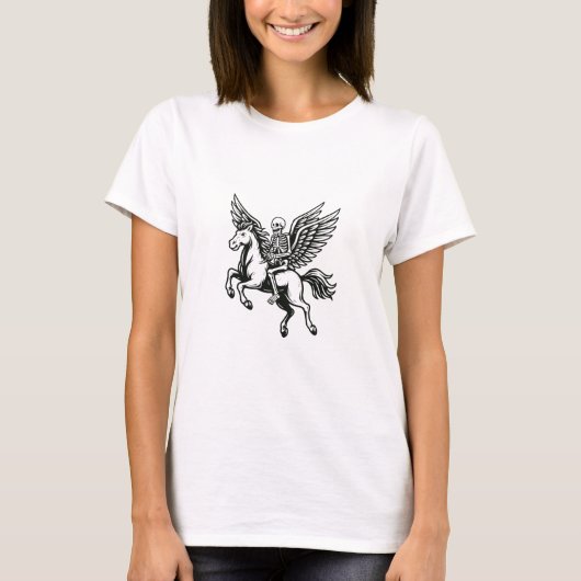 羽根の馬にまたがるスケルトンライダーのTシャツ Tシャツ (正面)