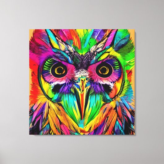 羽根カラフル付き予測できなフクロウ キャンバスプリント (正面)