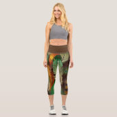 羽根，カラフル孔雀の模様 カプリレギンス (正面)