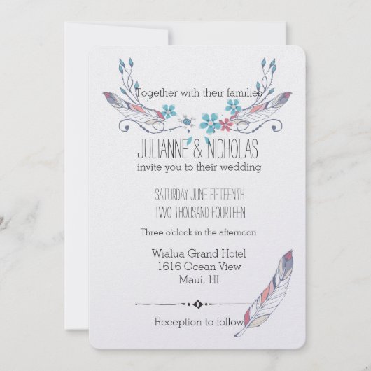 羽毛と花結婚の 招待状 (正面)