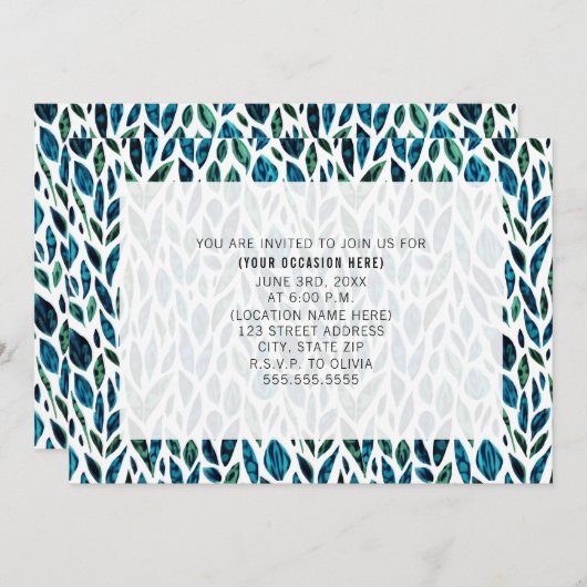 羽毛と葉のブルー汎用パーティー 招待状 (正面/裏面)