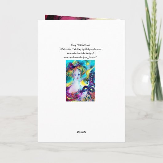 羽毛のある仮装マスク誕生日付き婦人 カード (裏面)