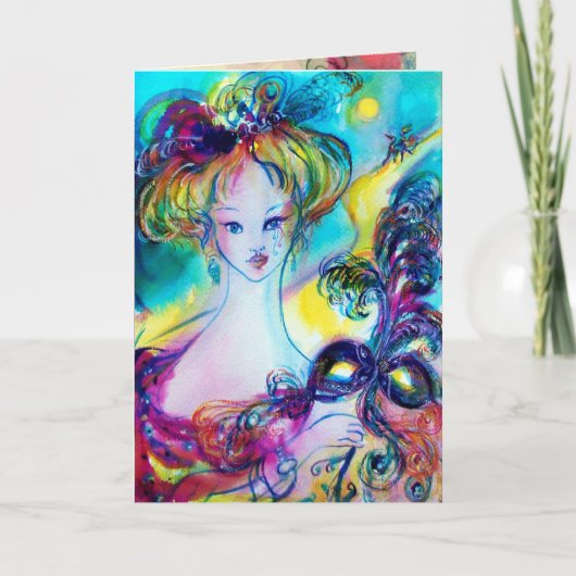 羽毛のある仮装マスク誕生日付き婦人 カード (正面)