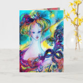 羽毛のある仮装マスク誕生日付き婦人 カード (黄色い花)