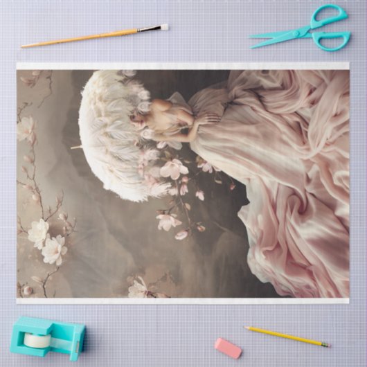 羽毛の付いたパラソルを持つ女性、マグノリア・フラムス 薄葉紙 (クラフト)