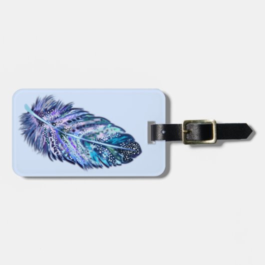 羽毛の付いた青いラゲッジタグ ラゲッジタグ (正面横)