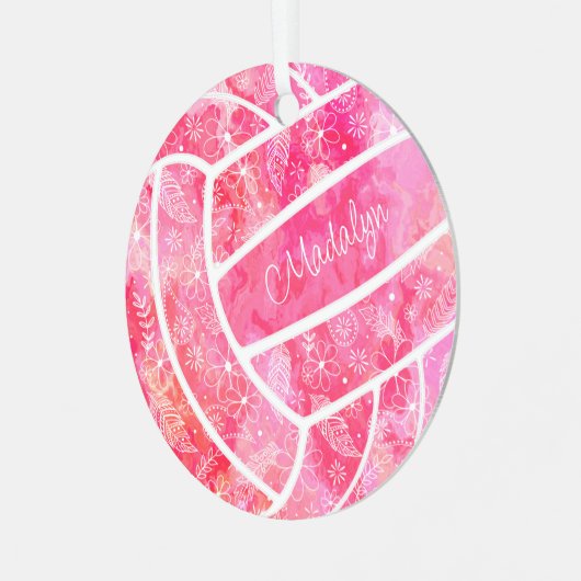 羽毛の花の模様ピンクのバレーボール メタルオーナメント (正面左)