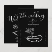 羽毛の花柄 黒と白の結婚式招待状 招待状 (正面/裏面)