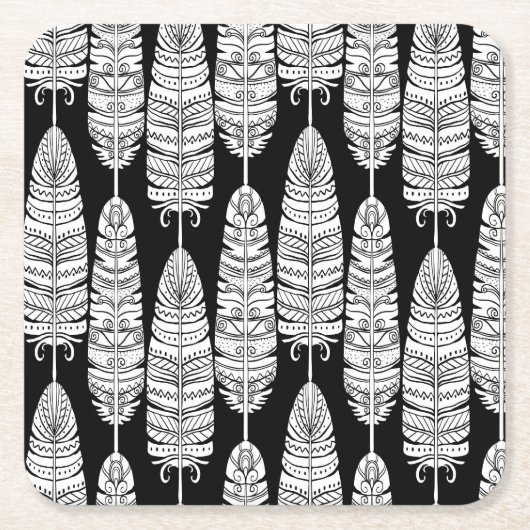 羽毛ぼほ：白黒 スクエアペーパーコースター (正面)