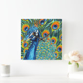 羽毛をつけられた孔雀I スクエア壁時計 (ホーム)