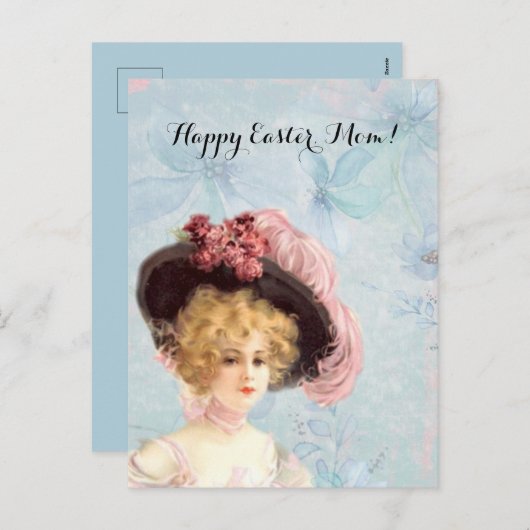 羽毛ビクトリアン帽子ピンクローゼイースターの女性 シーズンポストカード (正面/裏面)