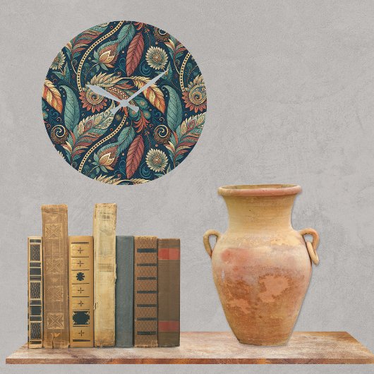 羽毛フローラペイズリー抽象芸術エスニックスワール ラージ壁時計