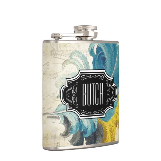 羽毛ブラックブルーイエローヒップスターパターン フラスク (右)