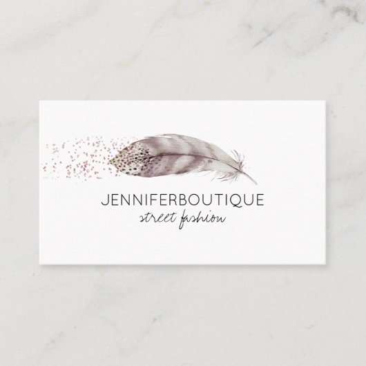 羽毛ボホグリッター水彩手描き素朴 名刺 (正面)