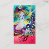 羽毛マスク付きモノグラムピンク明るい赤紫色 名刺 (裏面)