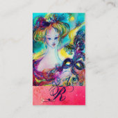 羽毛マスク付きモノグラムピンク明るい赤紫色 名刺 (裏面)